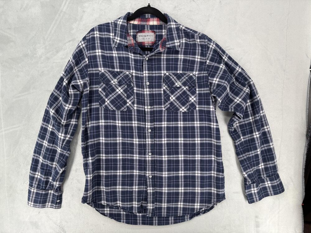 Velvet Shirt Men Medium Blue Plaid Flannel Long Sleeve Stretch Button-Up USA